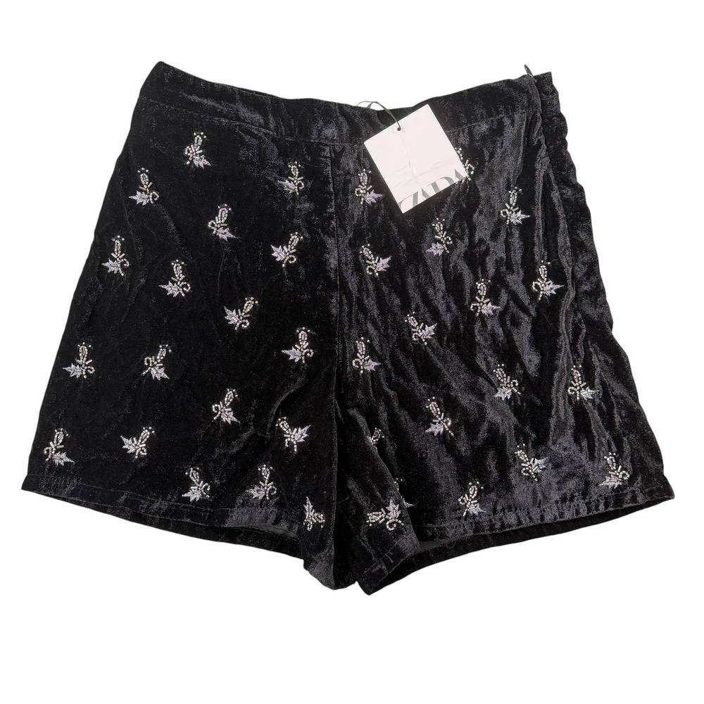 Zara Girls Beaded Velvet Shorts Black Embellished High Rise Size 11-12